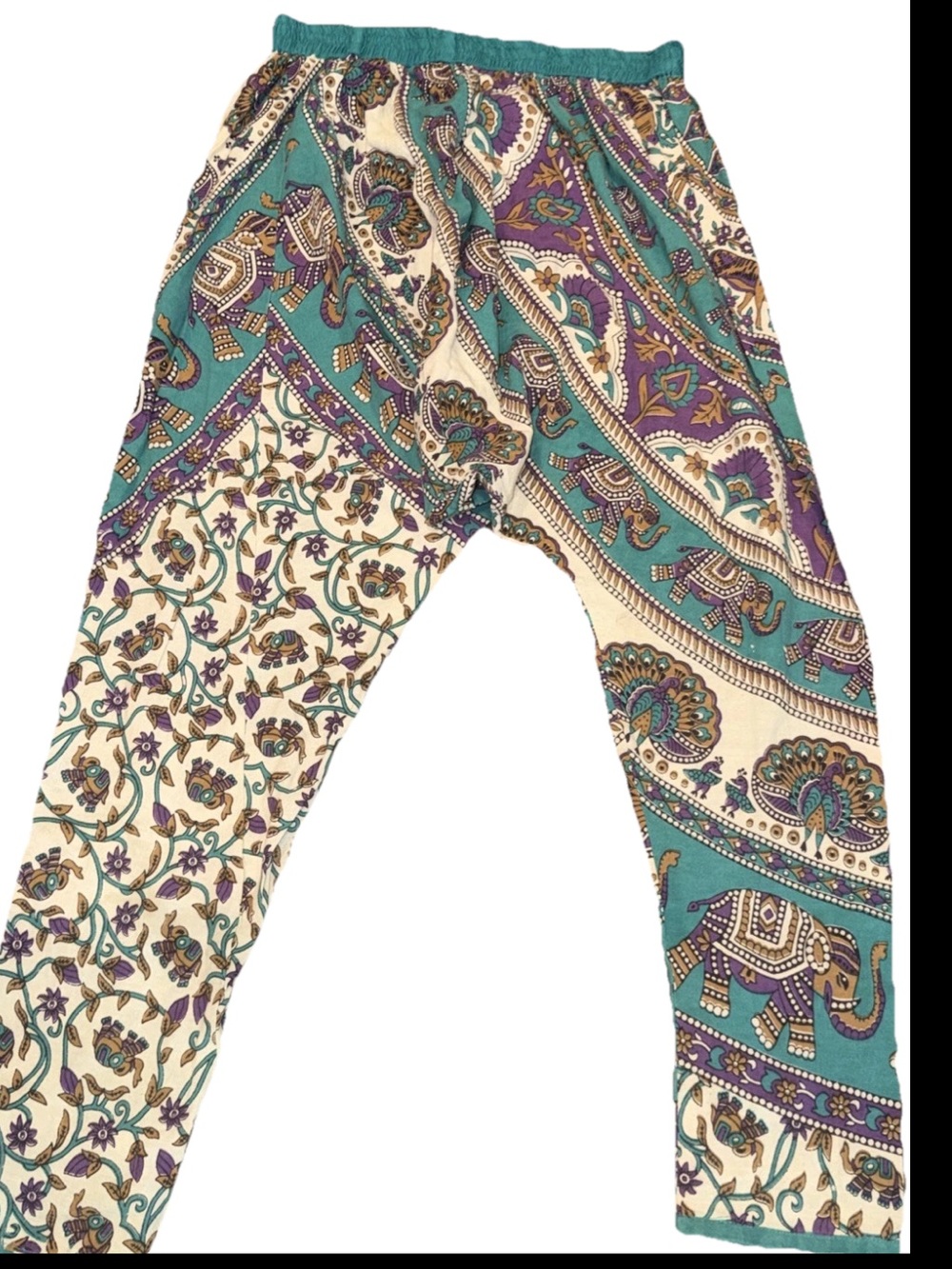 LAKKAR HAVALI Blue Tan Purple Tribal HAREM PANTS Elephant Peacock stretch waist